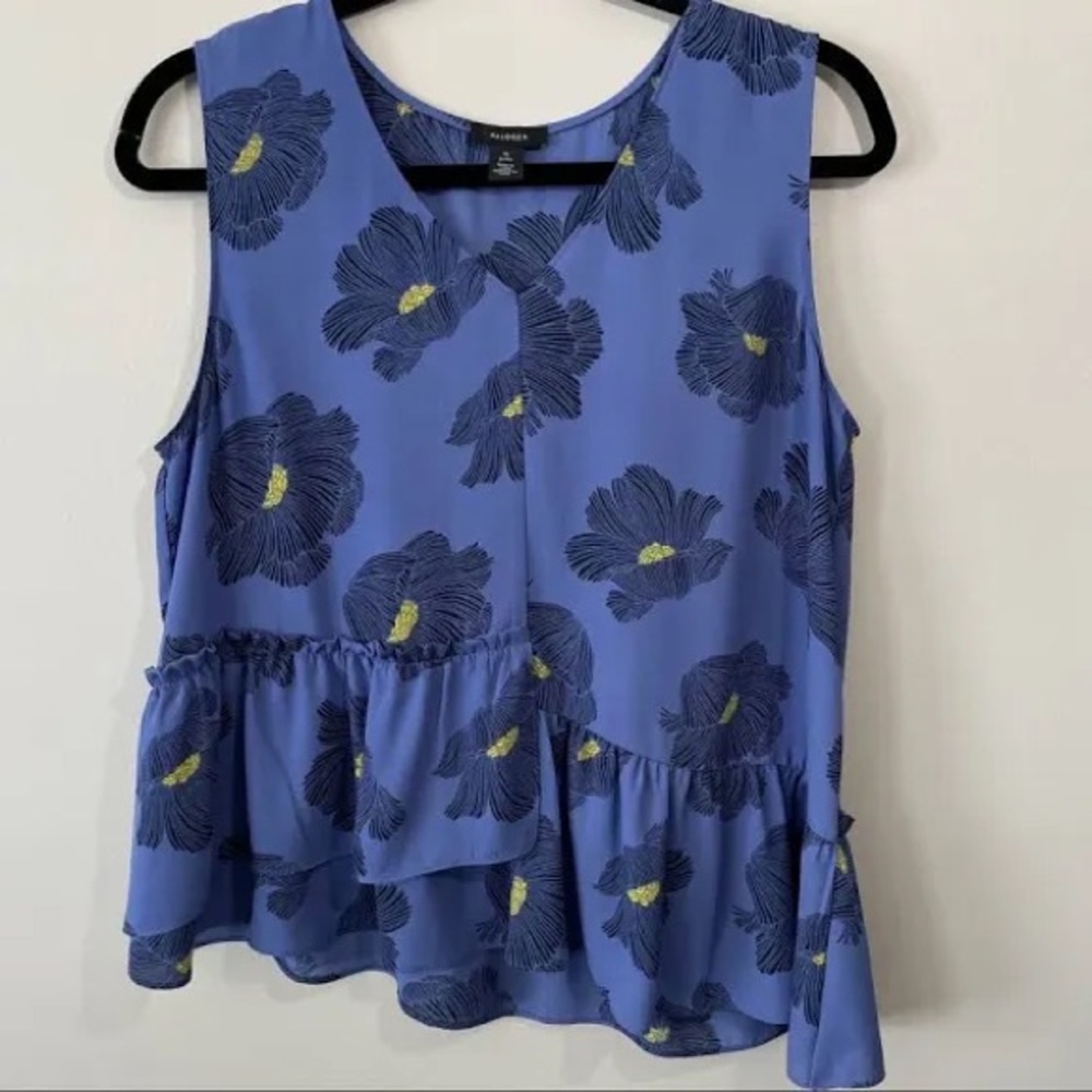 Halogen Sleeveless Blouse | Floral Patterned Tank Top | Blue | Size S